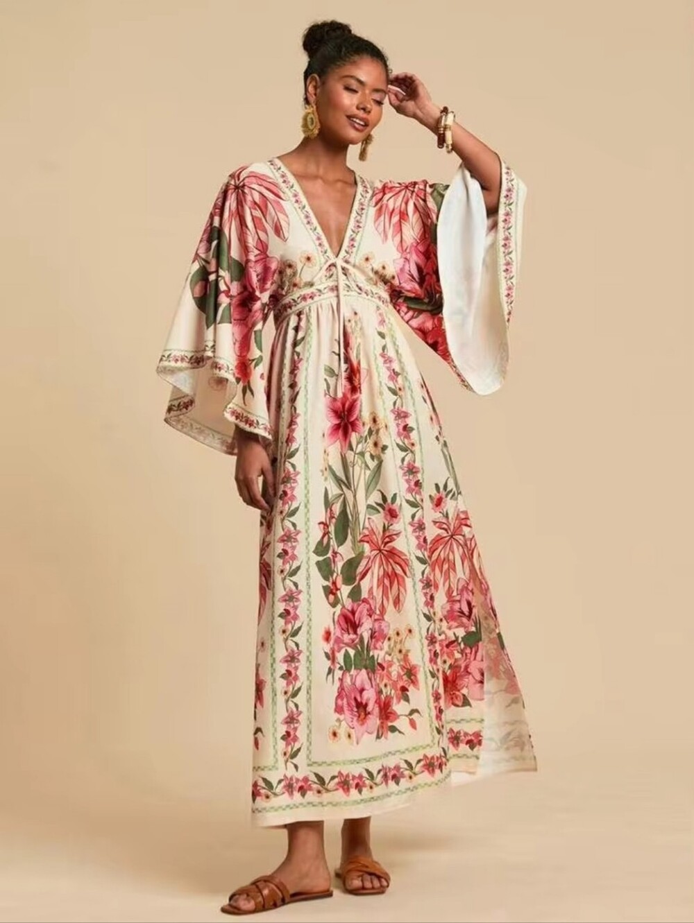 NWOT Travachic Apricot Bohemian V-Neck 3/4 Sleeve Printed Dress Size L